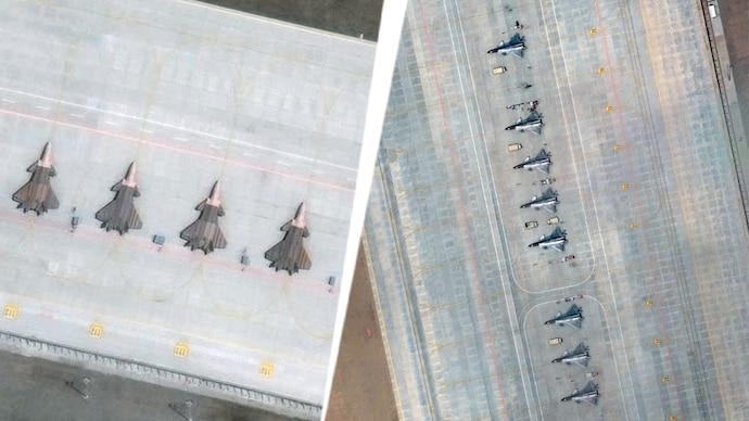 12 J-20 stealth fighters were photographed at airbases facing India within a span of about two weeks. (Images: Vantor)