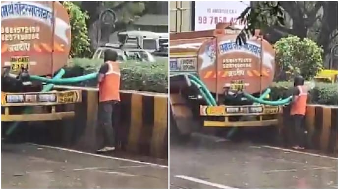 Civic workers water roadside plants in Pune in heavy rain