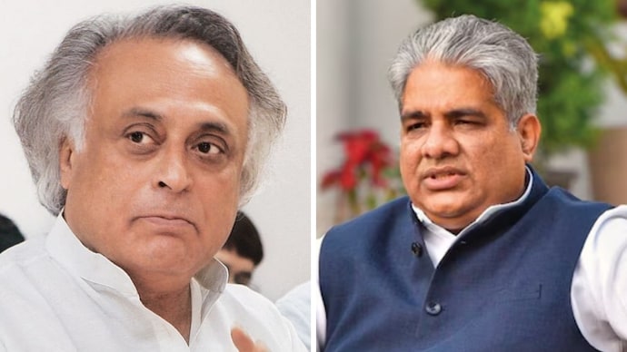 Congress general secretary Jairam Ramesh (left) and Union Environment Minister Bhupendra Yadav (right)