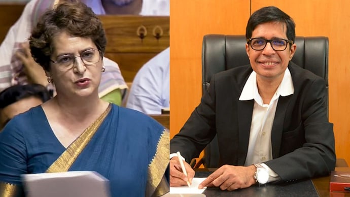 Congress leader Priyanka Gandhi (left) has referred to IIT Madras Director V Kamakoti (right) as a gau mutra expert. (Photo: PTI/IIT Madras)