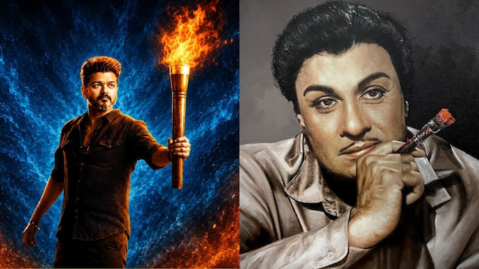Vijay in a still from Jana Nayagan (L), MGR's AI-generated image Explained: The MGR scene in Jana Nayagan and why Vijay had to include it