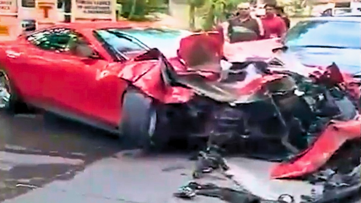Video: Luxury Ferrari Roma crashes into Hyderabad apartment gate, occupants flee