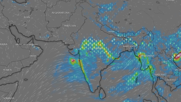 Five weather systems, led by a well-marked low pressure area over the Northwest Bay of Bengal, are keeping India's monsoon in an active phase, according to the IMD. (Photo: Windy)