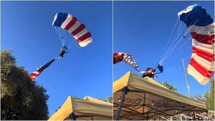 A skydiver carrying the US flag crash-landed in a rodeo tent. (Photo: X) flag