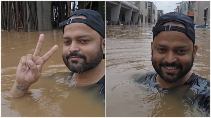 Gujarat man stands neck-deep on waterlogged road, reveals scenes residents woke up to