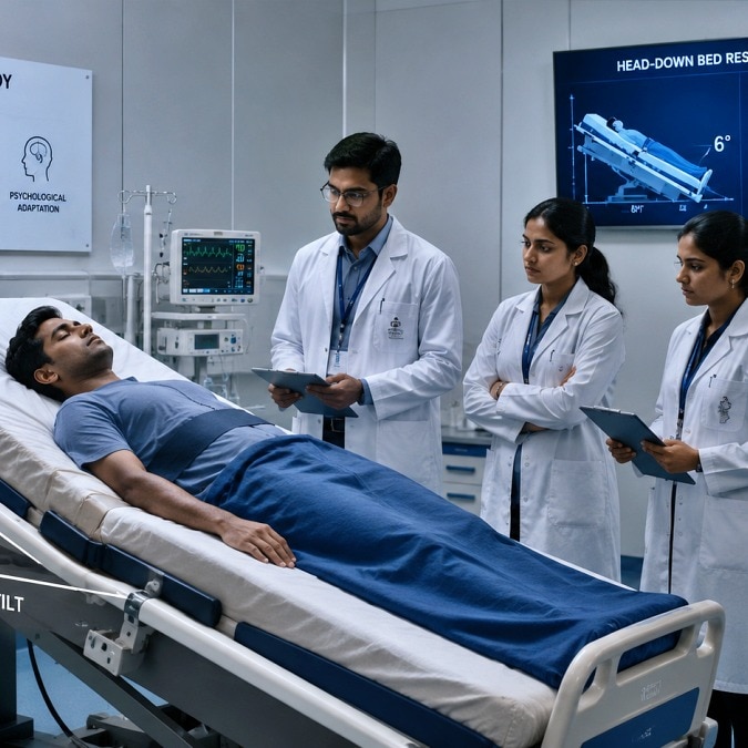 Three Indian volunteers lay head-down for 7 days to simulate effects of space