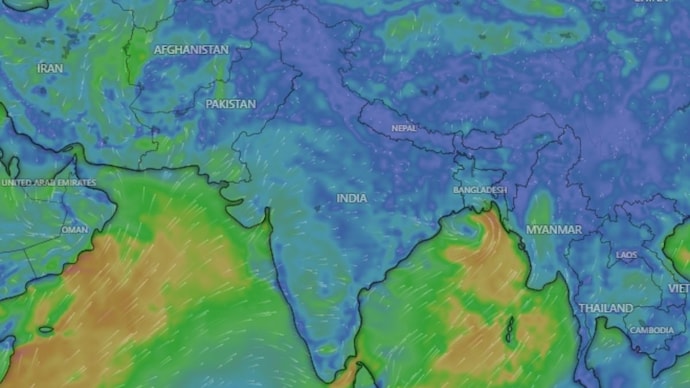 India's monsoon has entered a break phase. The rain-bearing trough has drifted to the Himalayan foothills, El Nino is strengthening, and the IMD expects subdued showers over much of the country this week. (Photo: Windy)