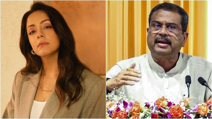 (left) Jyotika seeks (right) Dharmendra Pradhan's resignation over exam irregularities. (Credit: Instagram/@jyotika) Jyotika
