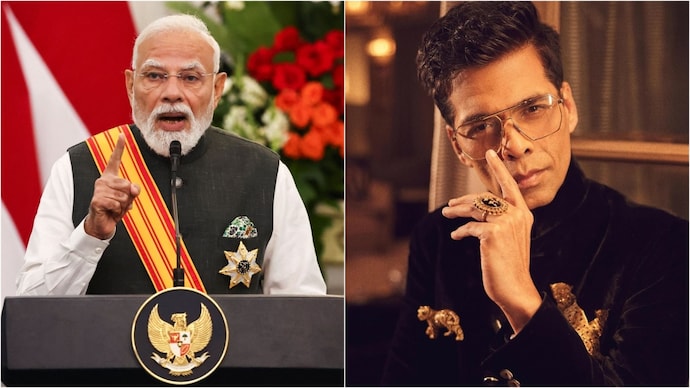 Karan Johar (left) reacts after PM Modi (right) references Kuch Kuch Hota Hai. (Credit: Reuters/ Instagram/@karanjohar) Karan Johar- PM Modi