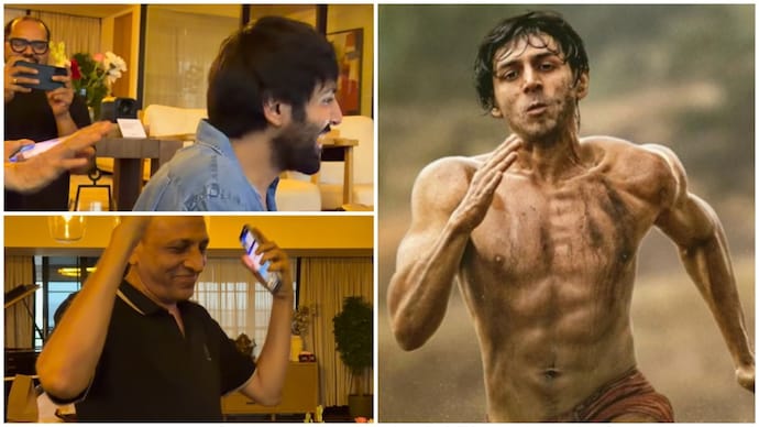 Kartik Aaryan (Top left) and his family (Bottom left) reacted after he won the National Film Award for his performance in Chandu Champion (R). Kartik Aaryan erupts in joy with parents after first National Award win. Video