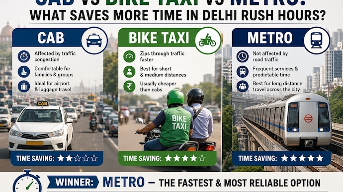 A comparison of Delhi's metro, bike taxis and cabs maps the fastest peak-hour commute options.
