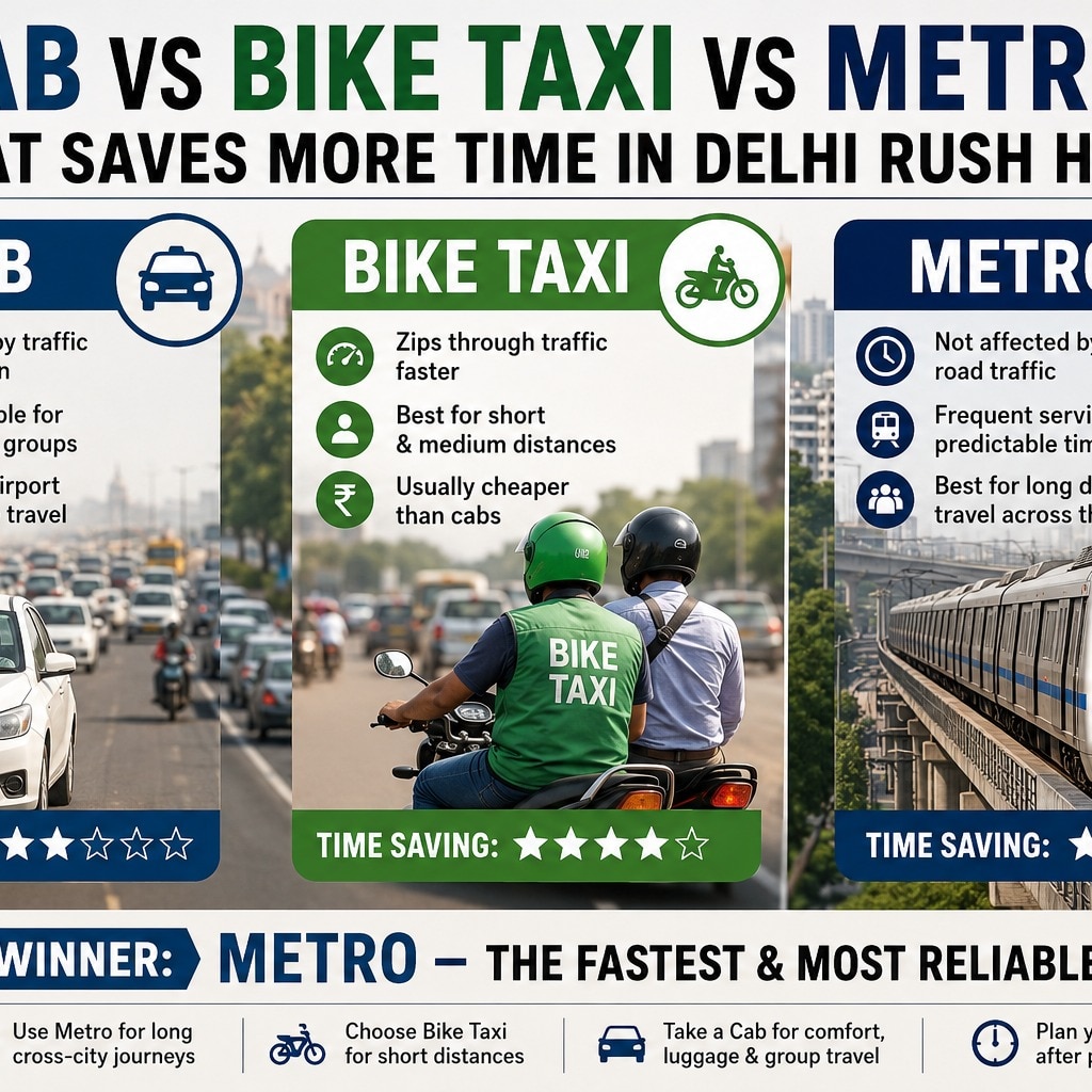 Cab vs bike taxi vs metro: What saves more time in Delhi rush hours?
