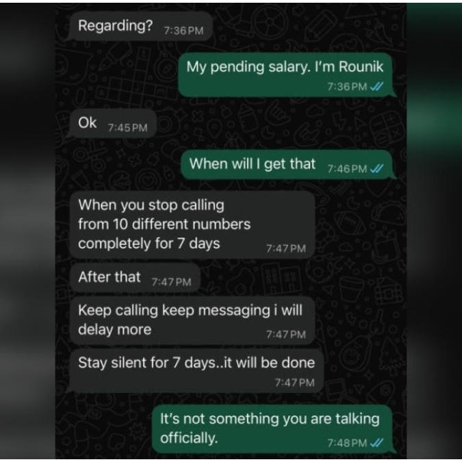 Kolkata man claims ex-employer withheld Rs 10,000 salary, shares WhatsApp chats