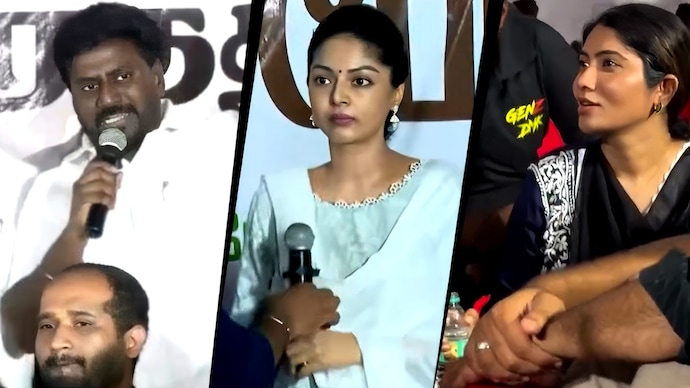 Minister Raj Mohan, actor Sanam Shetty and DMK leader Julie at NEET protest venue.