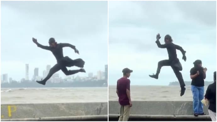 Mumbai man dressed as Krrish performs stunts at Marine Drive