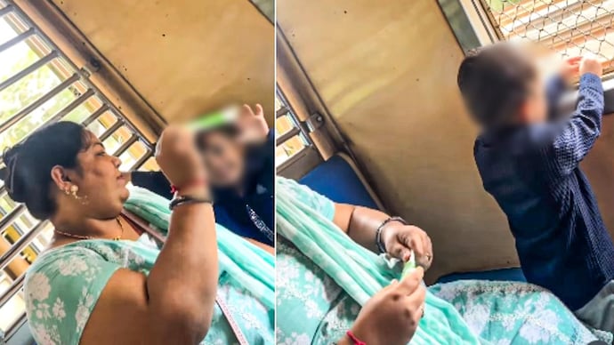 Mumbai woman teaches child to throw trash from train
