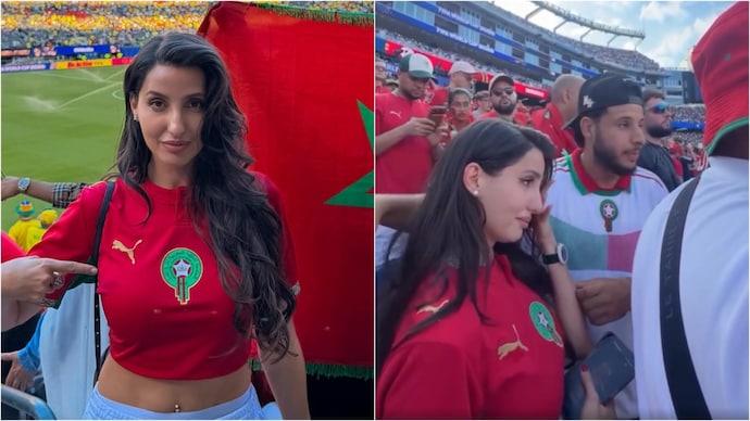 Nora Fatehi was seen in tears after Morocco lost. (Credit: X/@@Jagat___Janani) Nora Fatehi