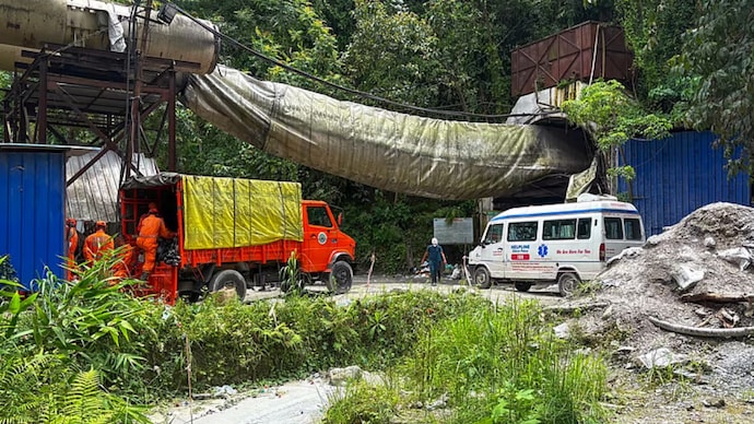 Officials present at the site after a tunnel under construction collapsed following an explosion of suspected methane gas in Namchi district of Sikkim. (Photo: PTI) Officials present at the site after a tunnel under construction collapsed following an explosion of suspected methane gas in Namchi district of Sikkim. (Photo: PTI)