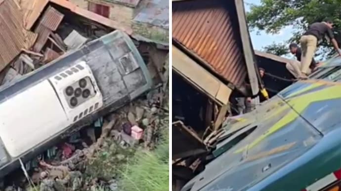 Officials said the vehicle overturned and rolled about 20-25 metres down a roadside slope before coming to rest on the roof of a house.