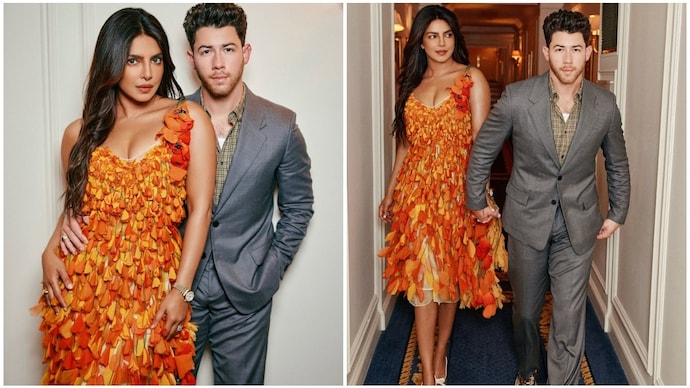 Priyanka Chopra (L), Nick Jonas (R) attend Dior show at Paris Fashion Week