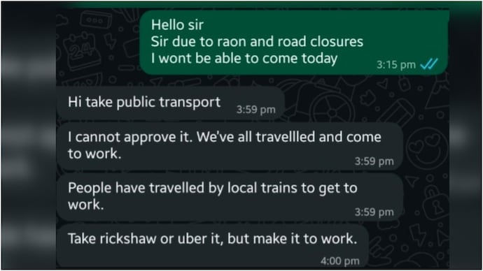 Pune manager rejects leave despite heavy rain, employee asks if he should quit (Photo: r/Pune) pune manager employee rain