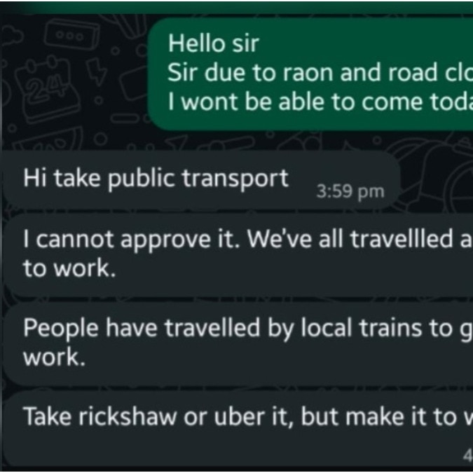 Pune manager rejects leave despite heavy rain, employee asks if he should quit