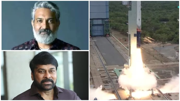 SS Rajamouli (Top left) and Chiranjeevi (Bottom left) praised the historic milestone in India' space journey. Rajamouli, Chiranjeevi, Mahesh Babu over the moon as Skyroot's Vikram-1 soars