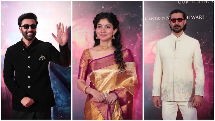 Ranbir Kapoor (L), Sai Pallavi (M), Kunal Kapoor (R) and others at Ramayana launch.