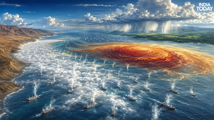 Roughly 2,000 ships would spray for nine months across a patch of ocean off Peru and Chile. The glowing red water is an artistic depiction of the warm El Nino pool. (Illustration: Radifah Kabir)