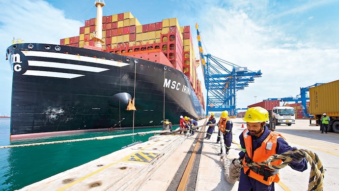 ROUGH SEAS: MSC Irina, among the world’s largest container ships, docks at the Vizhinjam port