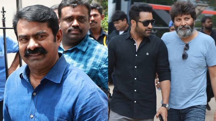 NTK leader Seeman sought a ban for Jr NTR and Trivikram's film on Lord Murugan in Tamil Nadu. Seeman, Jr NTR and Trivikram Srinivas.