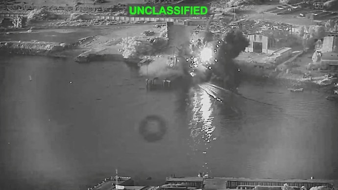 Smoke rises after a US one-way attack surface drone reached its target, a submarine and ship maintenance facility according to US Central Command, in Bandar Abbas, which was released on July 13. (Reuters)
