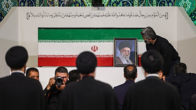 The coffin of Iran's late Supreme Leader Ayatollah Ali Khamenei at the Imam Khomeini Grand Mosalla in Tehran.