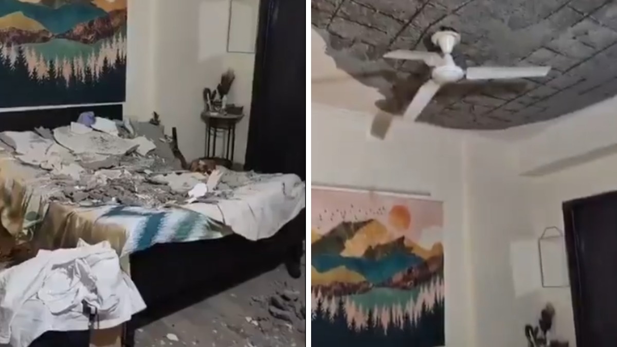 Video: Ceiling collapses onto bed in Noida flat, tenant escapes just in time