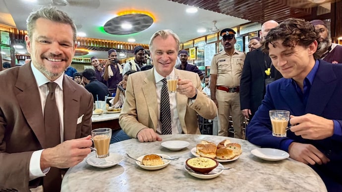Matt Damon (Left), Christopher Nolan (Centre) and Tom Holland (Right) ahead of The Odyssey's Mumbai premiere. (Credit: X/Universal Pictures) The Odyssey Mumbai screening: Christopher Nolan, Tom Holland, Matt Damon grab chai