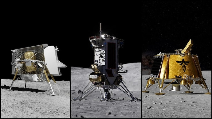 Three artist renderings depict commercial lunar landers from Astrobotic, Intuitive Machines, and Firefly on the Moon. (Photo: Astrobotic/Intuitive Machines/Firefly) Three artist renderings depict commercial lunar landers from Astrobotic, Intuitive Machines, and Firefly on the Moon. (Photo: Astrobotic/Intuitive Machines/Firefly)