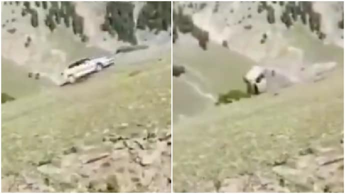 Tourists watch in horror as parked car rolls backwards, falls into gorge in Jammu