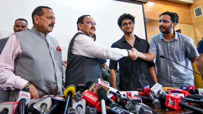 Union Minister JP Nadda with MoS Jitendra Singh and CJP Spokespersons Saurav Das and Ashutosh Ranka, during a joint press conference after Education Minister Dharmendra Pradhan resigned from the Union Cabinet. (PTI)