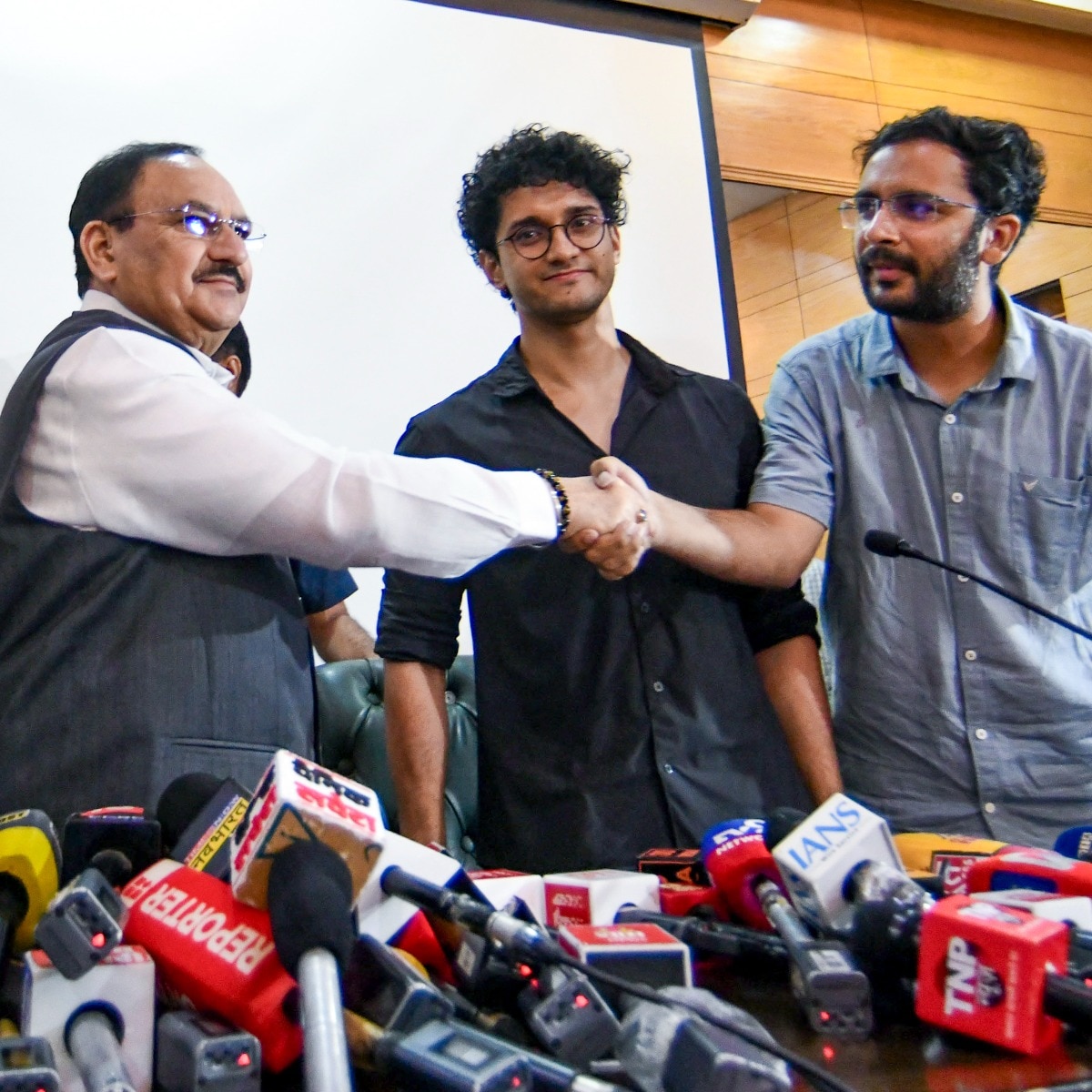 Union Minister JP Nadda with MoS Jitendra Singh and CJP Spokespersons Saurav Das and Ashutosh Ranka, during a joint press conference after Education Minister Dharmendra Pradhan resigned from the Union Cabinet. (PTI)