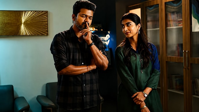Vijay (L), Pooja Hegde (R) in a still from Jana Nayagan.