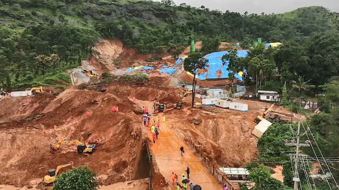 Rescue operations underway at the site of a massive landslide that struck the under-construction twin tunnel project in Kerala's Wayanad district. (PTI photo) Wayanad Landslide