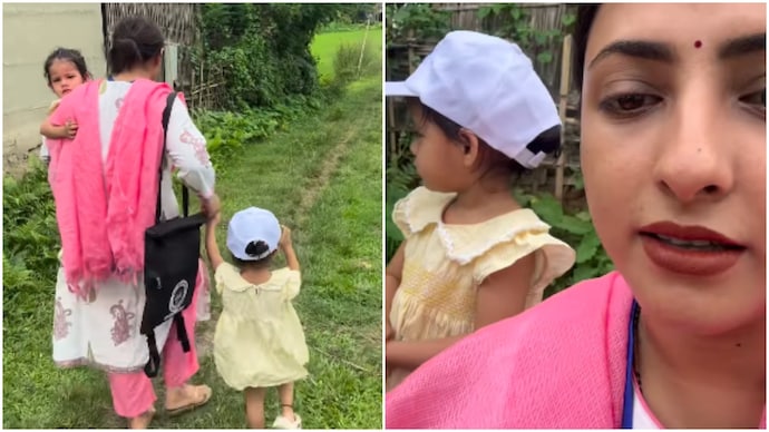 Assam teacher’s video with twin daughters during Census duty goes viral (Photos: Rumi Deka/Instagram) Assam teacher video with twin daughters during Census duty goes viral