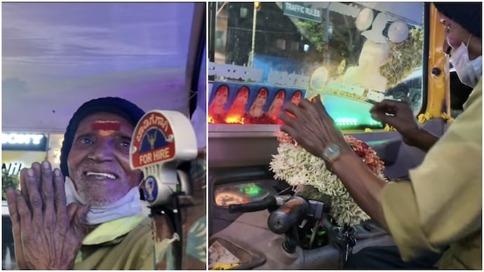 Bengaluru auto-driver buys flowers for late wife, keeps her photo in his vehicle (Photos: @ sooraj_s_kurup/Instagram) Bengaluru driver buys flowers for wife who died 8 years ago, keeps her photo in auto