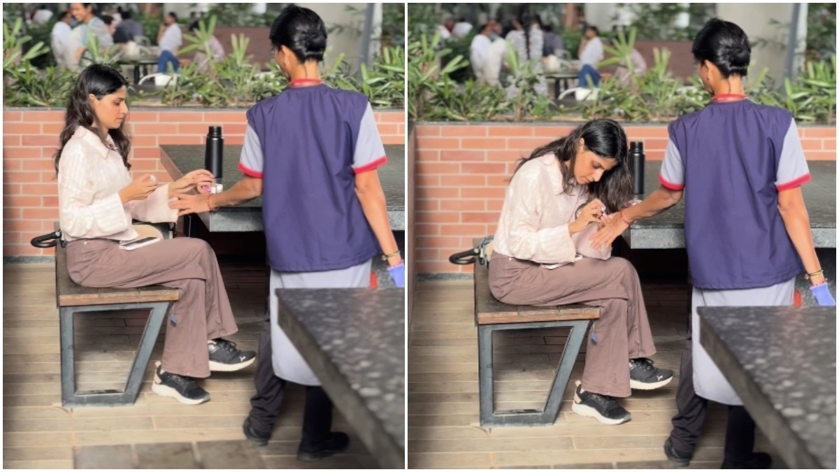 Bengaluru woman paints janitor’s nails during office break, shares wholesome backstory (Photos: @sona.sayss/Instagram) Bengaluru woman paints janitor’s nails during office break, shares wholesome backstory