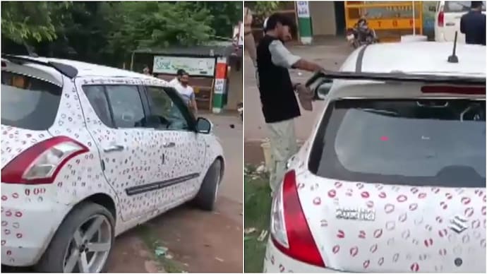 A car covered with 3,400 lipstick marks was fined in Gwalior. car