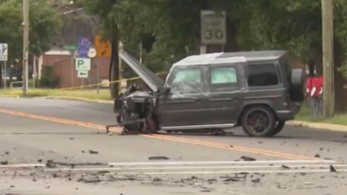 The impact sent the Hyundai careening into a nearby petrol station and killed its two occupants. (Photo: X/Fox News)