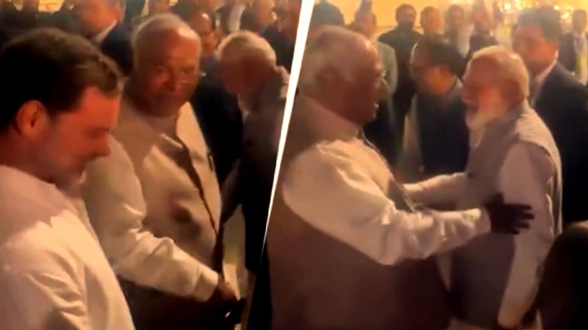 PM Modi banter with Kharge Rahul Gandhi at wedding event PM Modi banter with Kharge Rahul Gandhi at wedding event