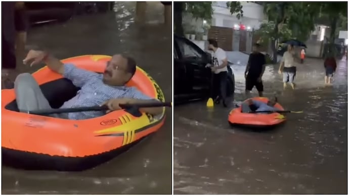Delhi man rides raft through waterlogged road, sight leaves locals amused