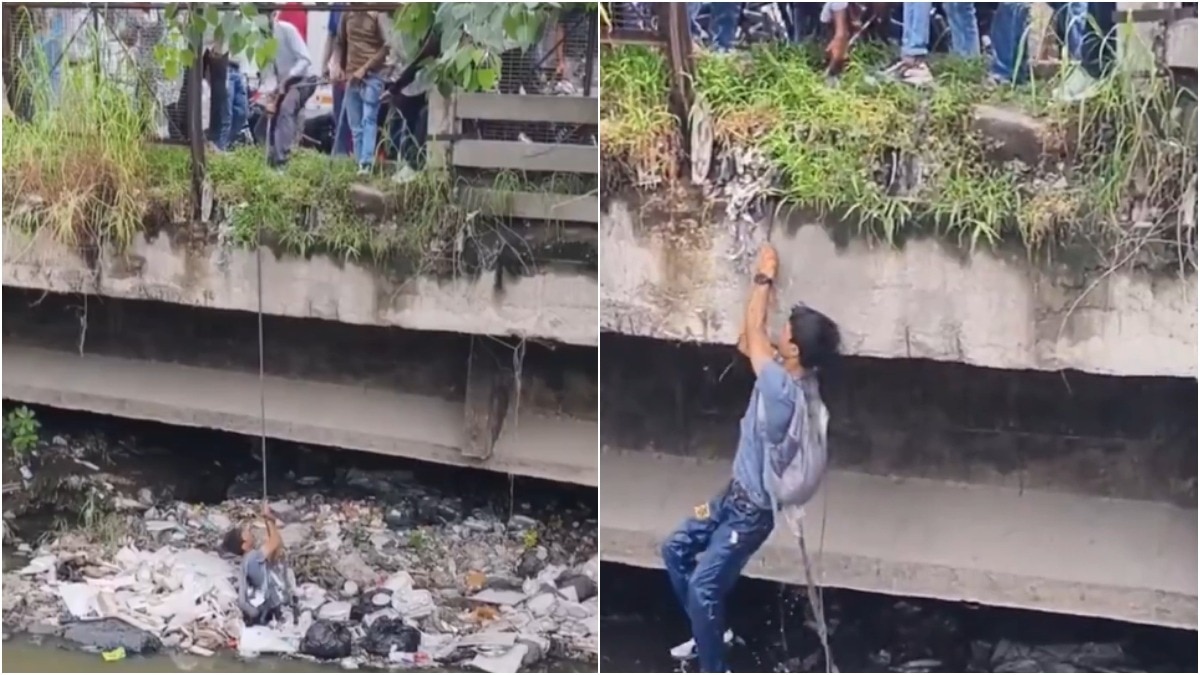 A man fell into a drain in Delhi and was rescued later. drain
