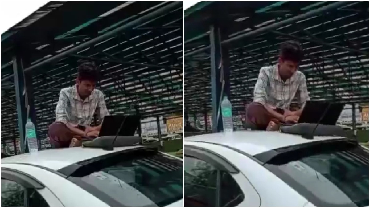 Gurugram man gets stuck in cab on waterlogged road, sits on rooftop to take work calls (Photos: @lakshaymehta08/X) Gurugram man’s cab gets stuck on waterlogged road, sits atop roof to attend work calls